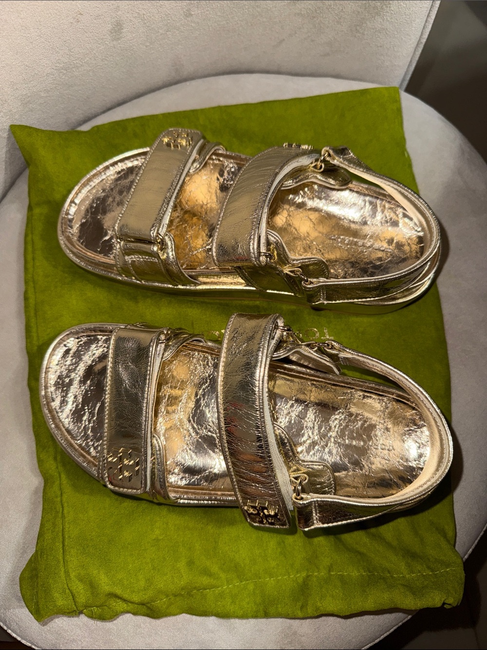 Tory Burch Metallic Gold Leather Velcro Strap Sandals